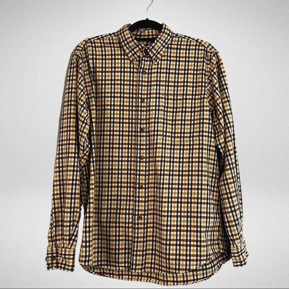 Eddie Bauer Mustard, Navy and Maroon Button Down Shirt Size Medium